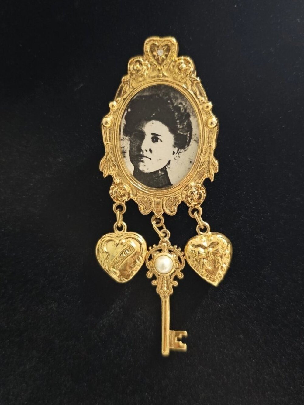 Vintage Victorian Revival Chatelaine Brooch Portrait Gold Tone Heart Key Dangle